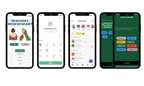 Greens Health app screens for pairing devices, meal preferences, and community support